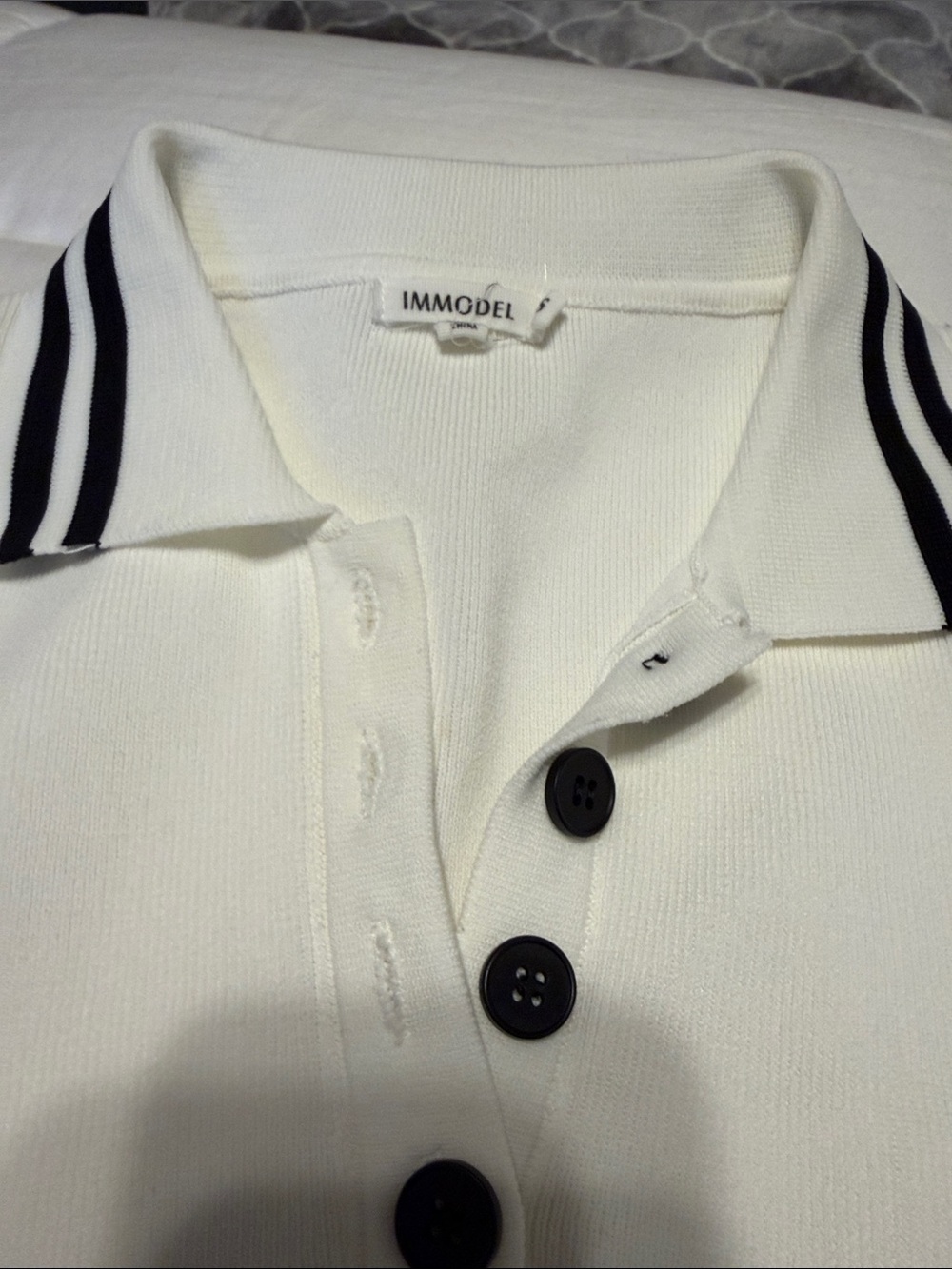Trendy White Knit Polo Top & Pleated Mini Skirt Set with Black Stripes - Picture 11 of 11